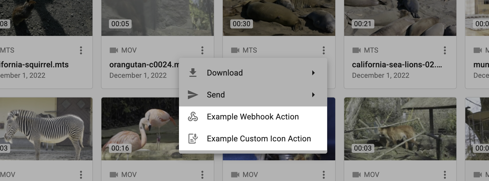 The Media Engine action menu open, highlighting webhooks with a default icon and a custom icon