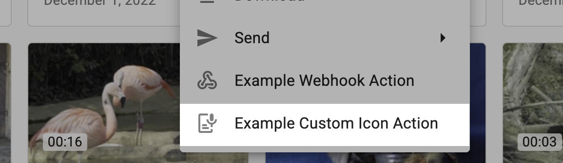 The Media Engine action menu open, highlighting a webhook with a custom icon